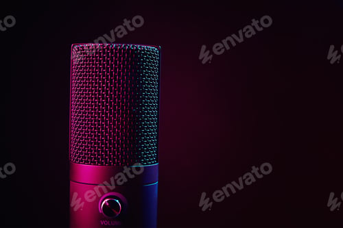Preview: Studio microphone on dark background with neon lights