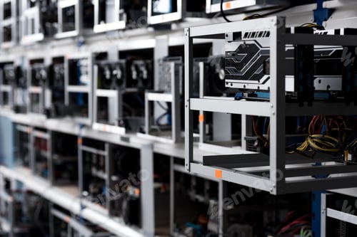 Preview: close-up shot of graphic cards on shelves at cryptocurrency mining farm