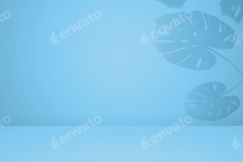 Preview: Empty monstera shadow texture pattern cement on blue wall background Summer tropical minimal concept