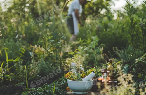 Preview: An old woman collects medicinal herbs. Selective focus.