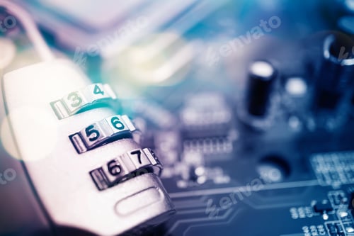 Preview: Combination Padlock On Motherboard Computer And Burred Bokeh For Security Concept