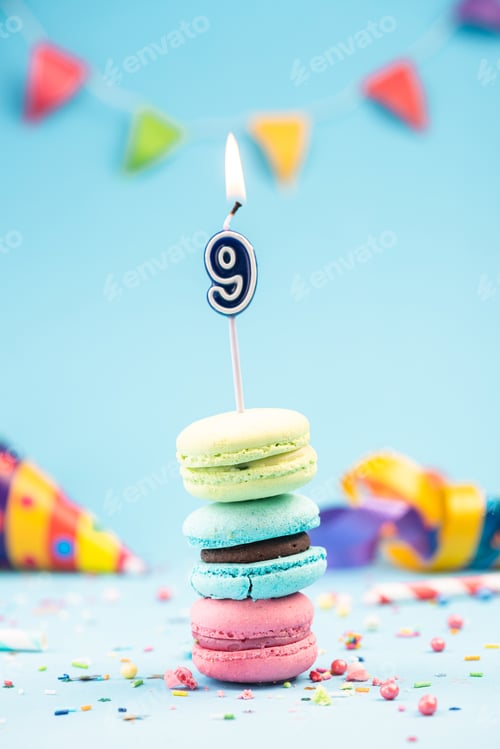Preview: Nineth 9th Birthday Card with Candle in Colorful Macaroons and S