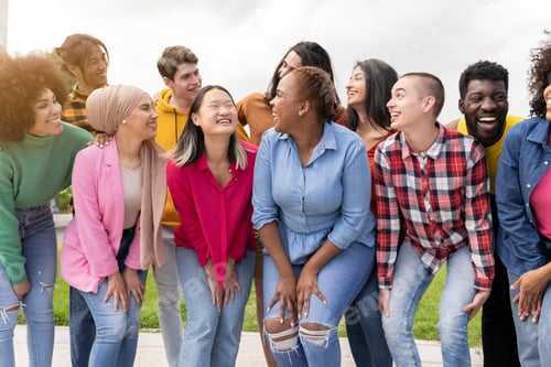Preview: Many beautiful people standing smile at camera taking portrait outdoors