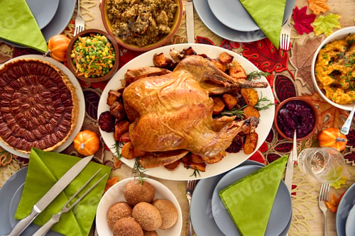 Preview: Overhead Shot Of Table Set For Thanksgiving Meal With Turkey And Pumpkin Pie Topped With Pecans