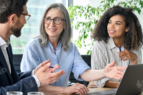 Preview: International business people discussing financial plan at boardroom meeting.