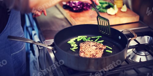Preview: Housewife Cooking Grilled Steak Dinner Concept