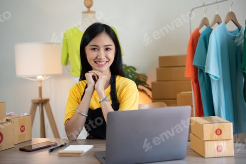 Preview: Woman Running Business From Home. Shipping shopping online, young start up small business owner pack