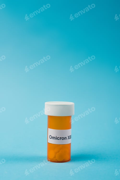 Preview: Jar with pills and omicron xbb lettering on blue background