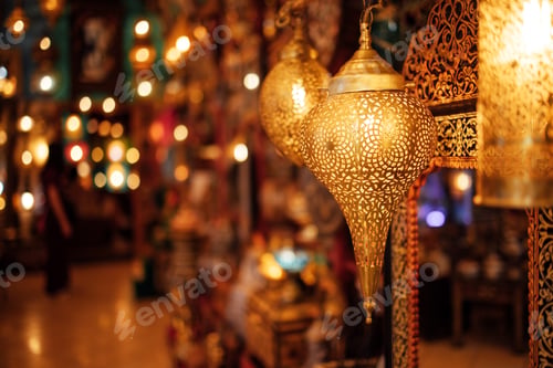 Preview: Ornate golden lanterns hang in a vibrant marketplace, casting warm light