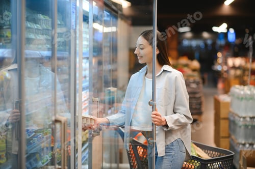 Preview: Groceries Shopping. Portrait Of Smiling Happy Woman Leaning On Trolley Cart In Supermarket
