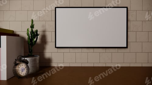 Preview: Mockup poster or picture frame, book and clock on wooden desk, 3d render.