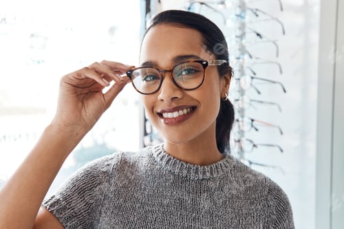 Preview: Shot of a young woman buying a new pair of glasses at an optometrist store