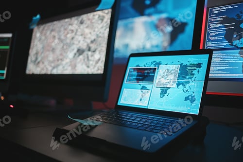 Preview: Laptop screen, cybersecurity and technology background for night surveillance, data protection or w