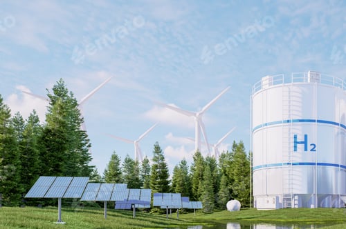 Preview: Hydrogen Energy storage with solar panels and wind turbines - 3D rendering