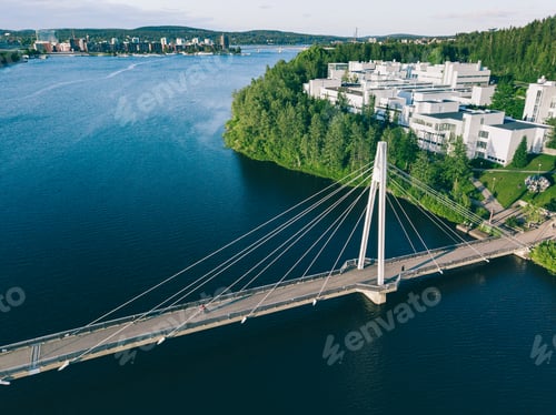 Preview: Aerial view of bridge over lake river to Campus area in Finland.