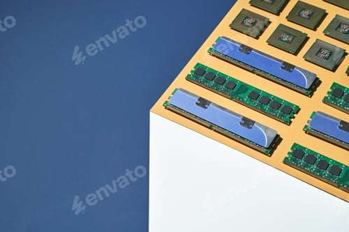 Preview: Isometry trendy cube concept. Computer memory module. Yellow and blue