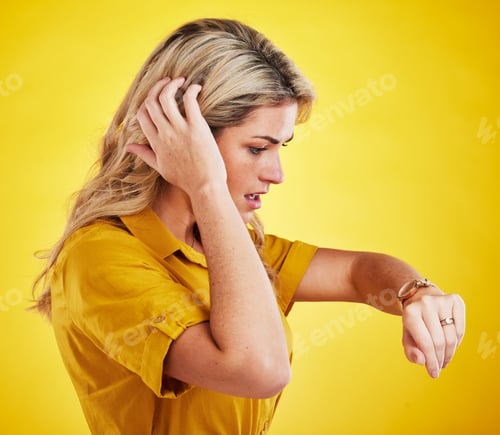 Preview: Watch, late and woman checking the time in a studio with a shock, scared and surprise face expressi