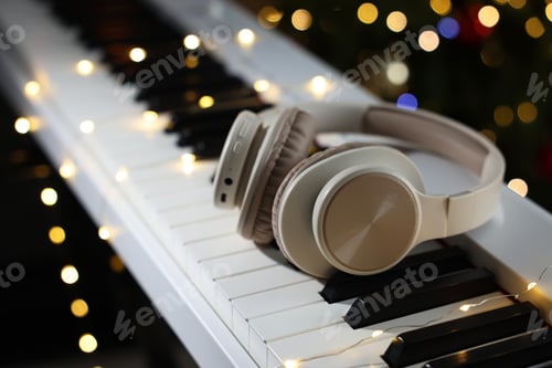 Preview: Headphones on electric piano against blurred lights, closeup. Bokeh effect
