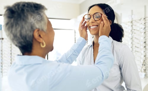 Preview: Optometry, consulting and women with glasses for decision, choice and eye care option in optician s