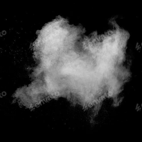 Preview: White talcume powder explosion on black background. White dust particles splash.
