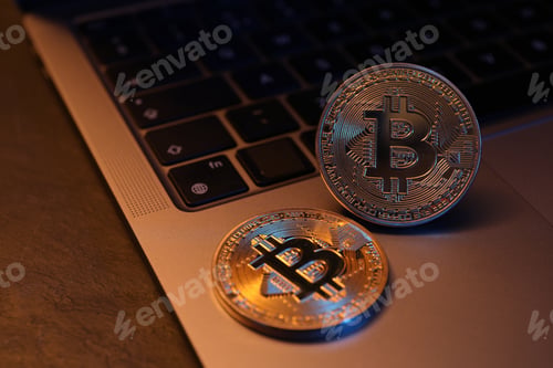 Preview: Cryptocurrency. Silver bitcoins and laptop on black table, closeup. Space for text
