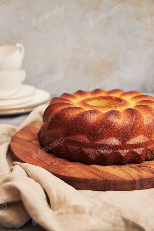 Preview: Vertical shot of a delicious citron cake with glaze and flower on top on a white table