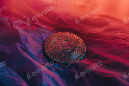 Preview: Bitcoin coin under neon on textured surface. Photo for presentation and news.