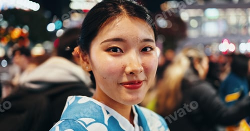 Preview: Japanese woman, portrait and night in city, busy urban street or crowd on commute, walk and outdoor