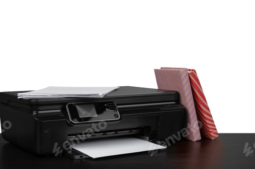 Preview: Printer and stack of books on black table against white background