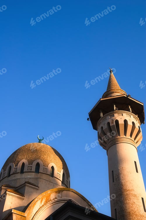 Preview: Low-angle shot of the Carol I Mosque in Constanta, Romania against a blue sky