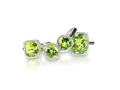 Preview: Set of green peridot diamond rings gemstone fine jewelry. Group stack