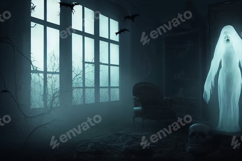 Preview: ghost woman in abandoned building Halloween background