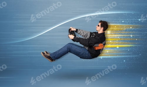 Preview: Young Man Driving In Imaginary Fast Car With Blurred Lines Concept