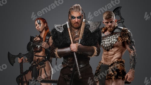 Preview: Fierce viking with fur and armor against gray background