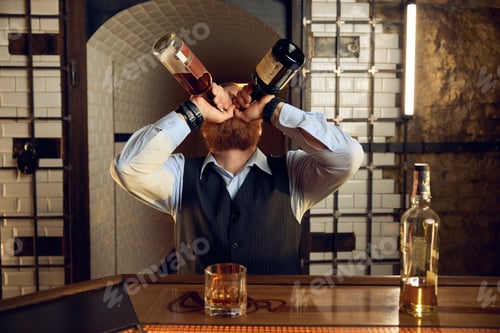 Preview: Mature man outcast and sufferer drinking from two bottle simultaneously