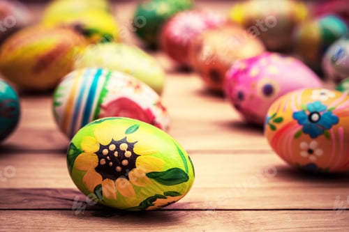 Preview: Colorful hand painted Easter eggs on wood. Unique handmade, vintage design.