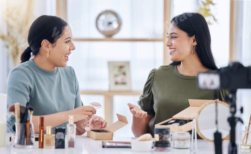 Preview: Beauty, social media influencer and makeup review marketing with content creator friends, brand amb