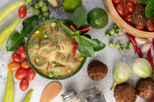 Preview: Chicken green curry in a bowl .