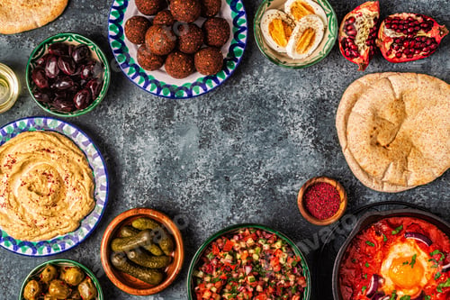 Preview: Falafel, hummus, shakshuka, Israeli salad - traditional dishes of Israeli cuisine.