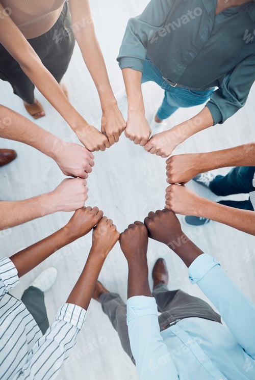 Preview: Business people teamwork, fist bump and collaboration, cooperation and trust, goals and support. Ab