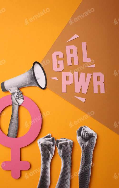 Preview: Half tones of strong women raising fists. The power of femininity. women’s resistance.