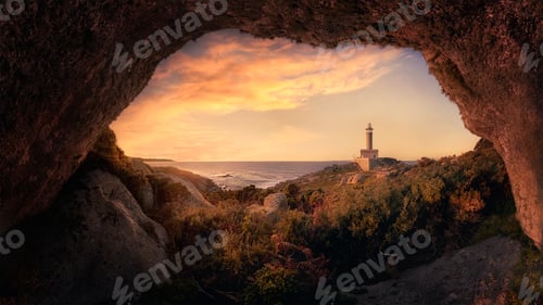 Preview: scene from a rocky cave to a cloudy sunset sky on Lighthouse in Faro de Punta Nariga, Spain