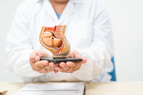 Preview: A female doctor is sitting at a desk discussing a pregnancy model.She describes fetal development,
