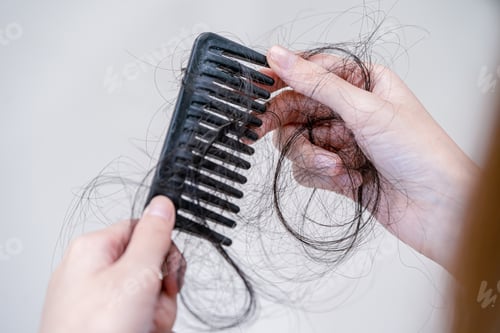 Preview: Asian woman have problem with long hair loss attach to comb brush.