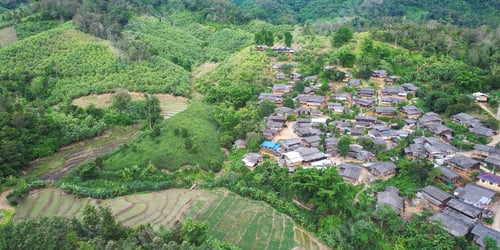 Preview: Aerial view from drone of the rural village and rice terraces in the mountains