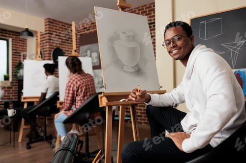 Preview: Happy guy attend art class with friends