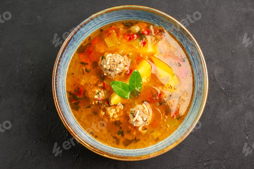 Preview: top view tasty vegetable soup with meat and potatoes on dark background dish plate meal food
