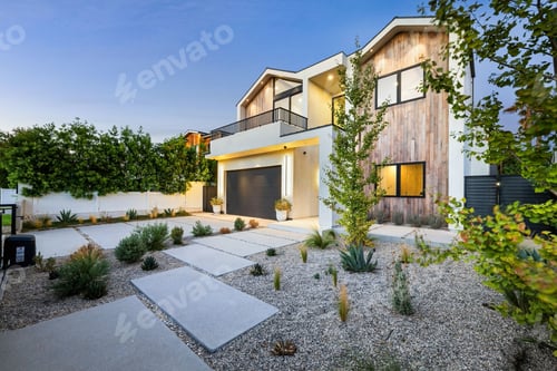 Aperçu: Modern house with wooden facade at sunset