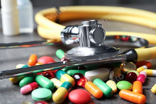Preview: Stethoscope and pills on grey table, closeup. Medical objects