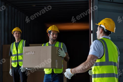 Preview: 3 Workers hand carry carton box take from 40 feet steel container one by one and stack on floor